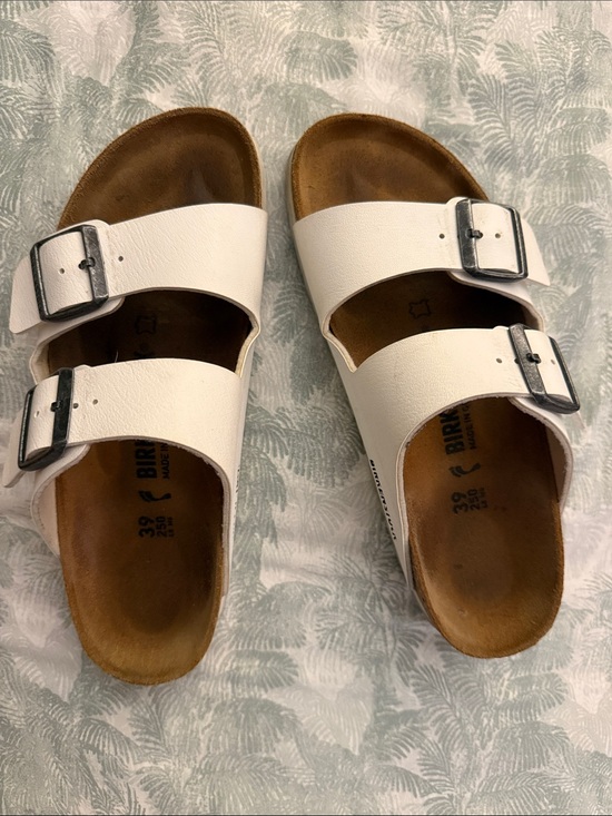 Birkenstock Shoes - Birkenstock White Arizona Two-Strap Sandals with Silver Buckles